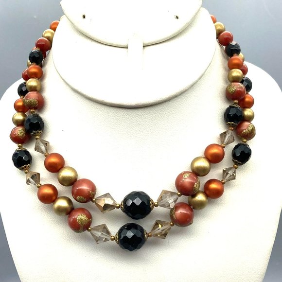 Shimmering Orange Moonglow Necklace with Golden and Black Glass Beads, Elegant - Picture 1 of 4